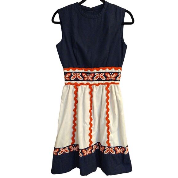 1960's Howard Wolf Boutique Butterfly Embroidered Dress 4/S Navy/Wht/Pink VTG